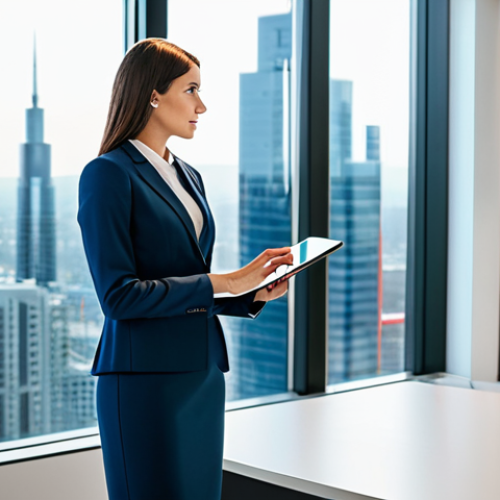 Home 11 A professional businesswoman in a modest business suit, fully clothed, standing confidently in a modern, brightly lit office, looking out a large window at a stylized cityscape with subtle futuristic elements symbolizing growth and innovation. She holds a tablet displaying a clear, illuminated corporate vision and strategic roadmap, conveying leadership and foresight. The scene is clean and professional. Appropriate attire, safe for work, family-friendly, perfect anatomy, correct proportions, natural pose, well-formed hands, proper finger count, natural body proportions, high quality, professional photography, sharp focus, vibrant colors.