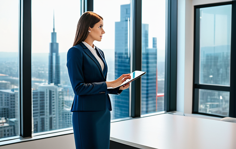 A professional businesswoman in a modest business suit, fully clothed, standing confidently in a modern, brightly lit office, looking out a large window at a stylized cityscape with subtle futuristic elements symbolizing growth and innovation. She holds a tablet displaying a clear, illuminated corporate vision and strategic roadmap, conveying leadership and foresight. The scene is clean and professional. Appropriate attire, safe for work, family-friendly, perfect anatomy, correct proportions, natural pose, well-formed hands, proper finger count, natural body proportions, high quality, professional photography, sharp focus, vibrant colors.