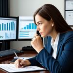 A professional, female financial analyst, embodying wisdom and deep insight, is seated at a large, polished wooden desk in a sophisticated, well-lit private study. She is dressed in a modest business suit, fully clothed, and meticulously examining detailed financial reports with a thoughtful expression. One hand holds a magnifying glass over a document, emphasizing her thorough analytical approach, while several large monitors in front of her display complex charts and data. Books on economics and investment are neatly stacked on shelves behind her, suggesting extensive knowledge. The lighting is soft and cinematic, highlighting her focused demeanor. This image represents deep value investment. perfect anatomy, correct proportions, natural pose, well-formed hands, proper finger count, natural body proportions, safe for work, appropriate content, professional, family-friendly.