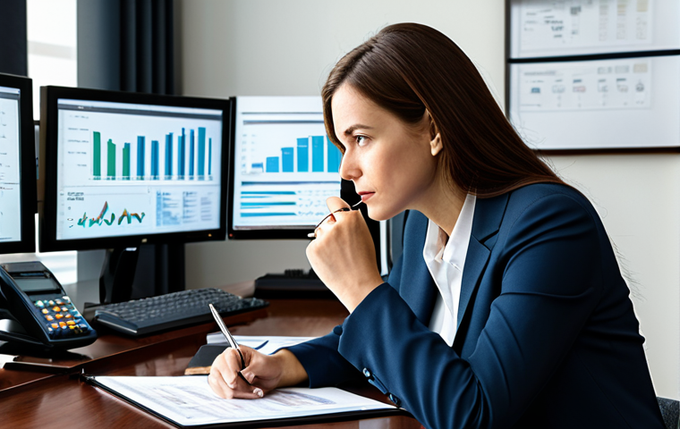 A professional, female financial analyst, embodying wisdom and deep insight, is seated at a large, polished wooden desk in a sophisticated, well-lit private study. She is dressed in a modest business suit, fully clothed, and meticulously examining detailed financial reports with a thoughtful expression. One hand holds a magnifying glass over a document, emphasizing her thorough analytical approach, while several large monitors in front of her display complex charts and data. Books on economics and investment are neatly stacked on shelves behind her, suggesting extensive knowledge. The lighting is soft and cinematic, highlighting her focused demeanor. This image represents deep value investment. perfect anatomy, correct proportions, natural pose, well-formed hands, proper finger count, natural body proportions, safe for work, appropriate content, professional, family-friendly.